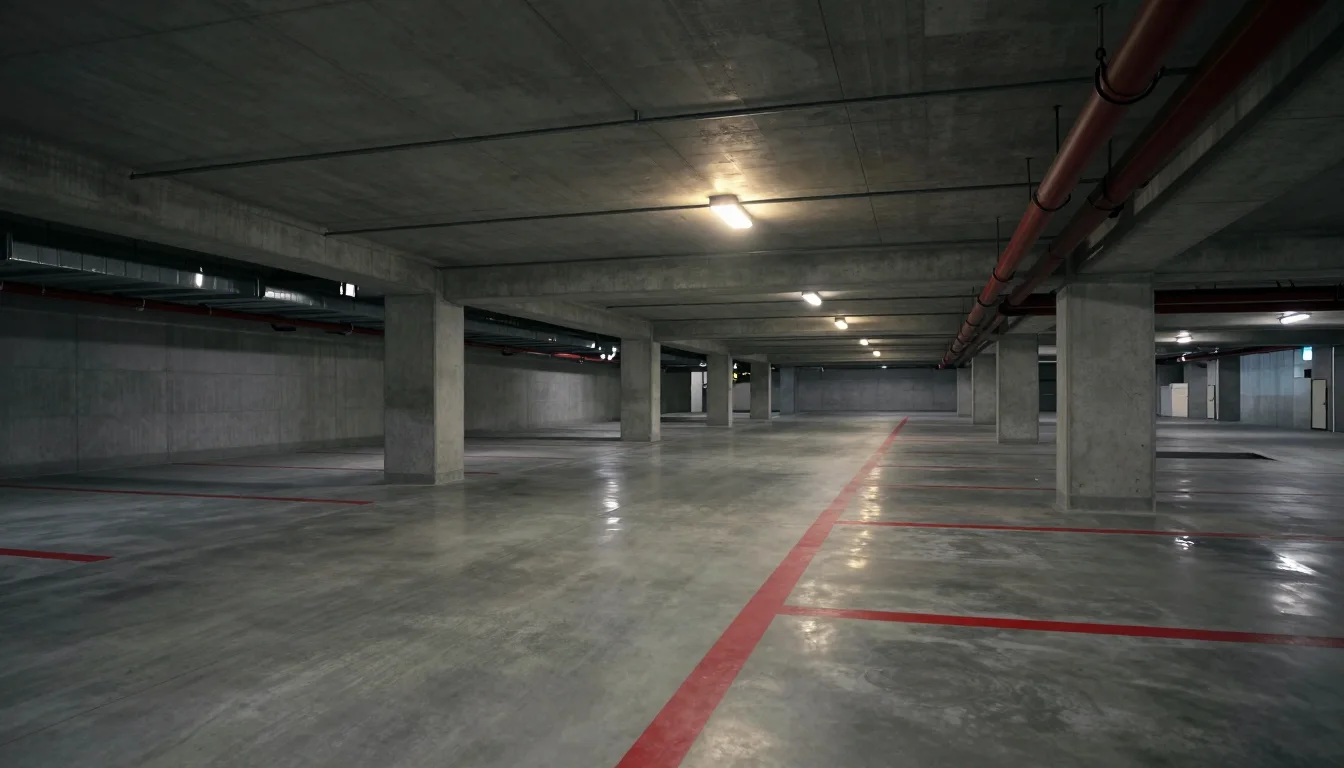 An empty underground car park with painted red bay lines, the kind of place the card-swipe reveal is filmed